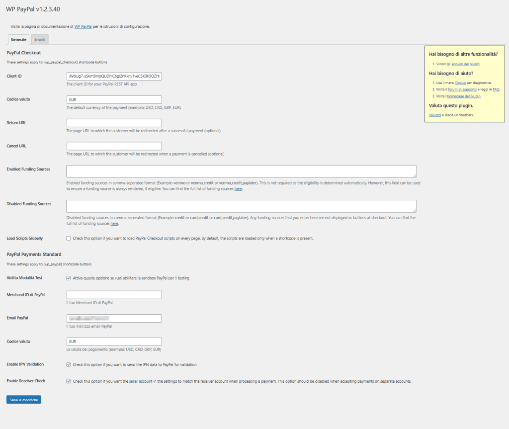 Payment Button For Paypal Impostazioni