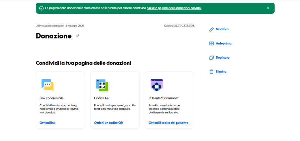 Paypal Donazione Creata