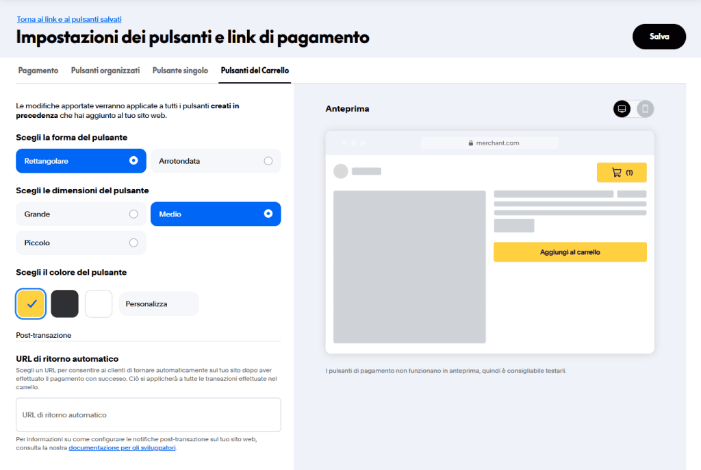 Pulsanti Carrello Paypal Impostazioni