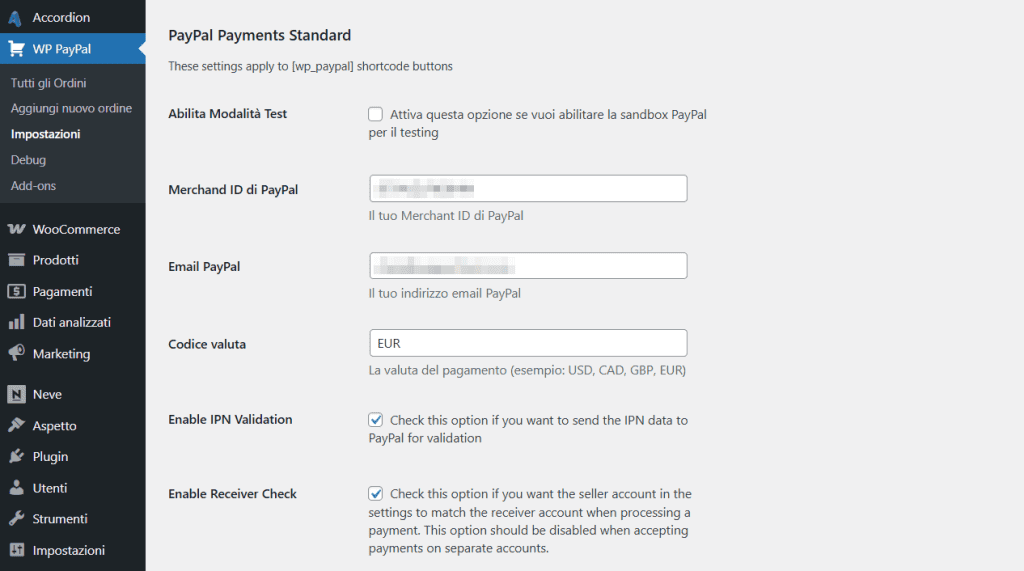 Wp Paypal Impostazioni Pagamento