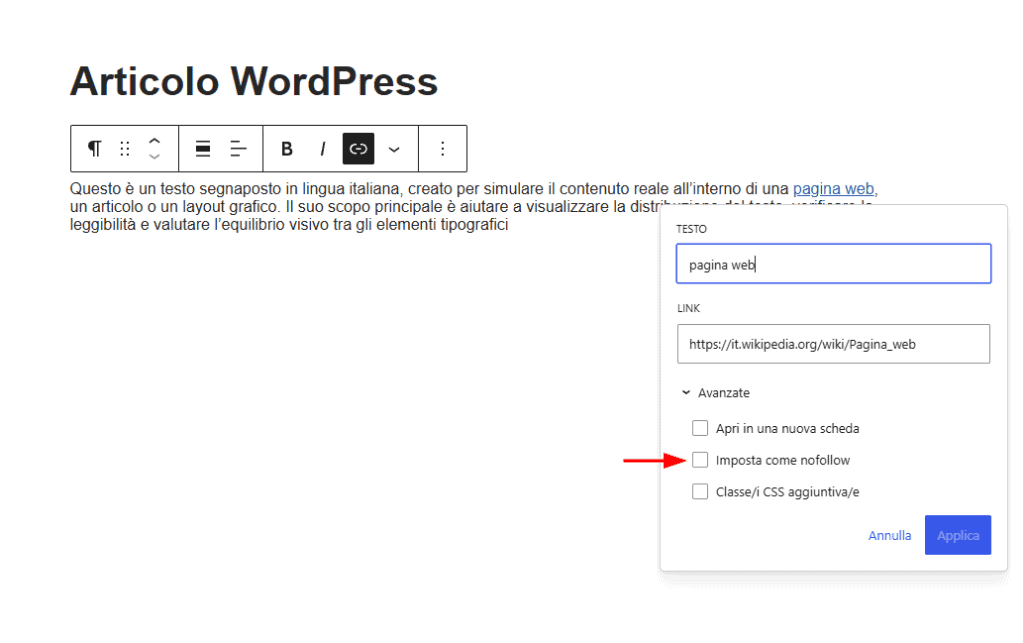Aggiungere Nofollow Gutenberg