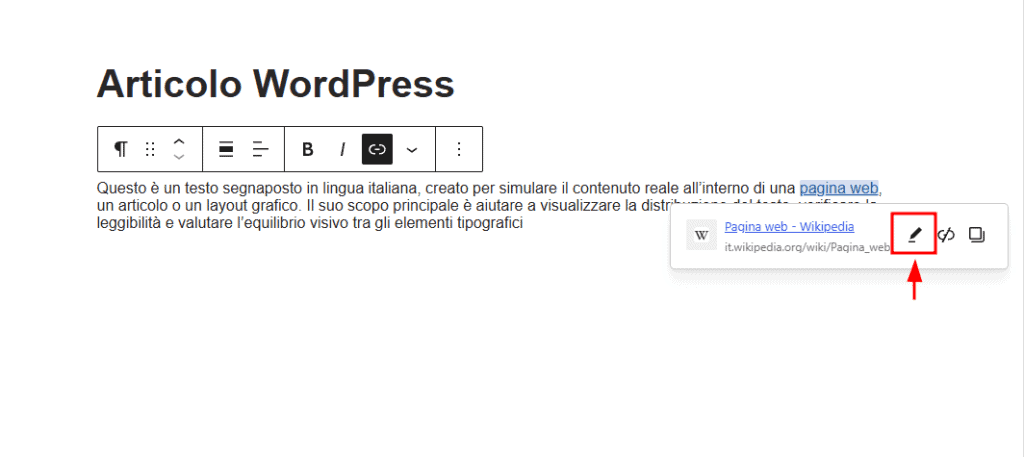 Aprire Impostazioni Link Gutenberg