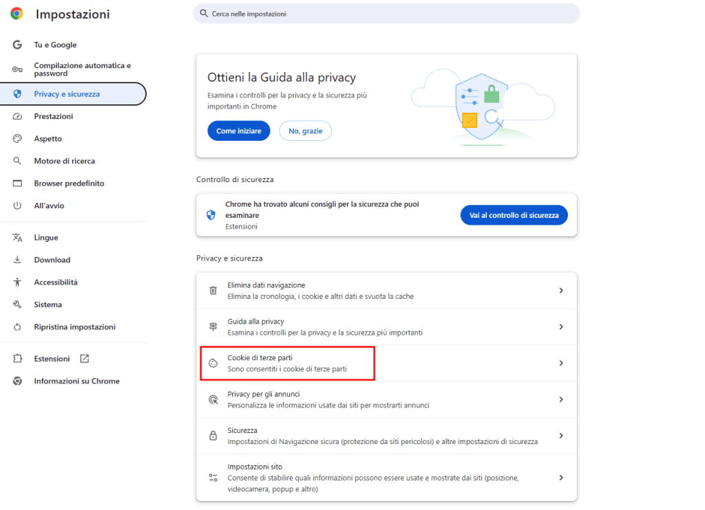 Impostazioni Cookie Chrome