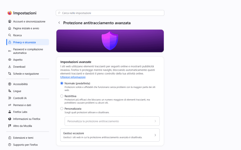 Impostazioni Cookie Firefox