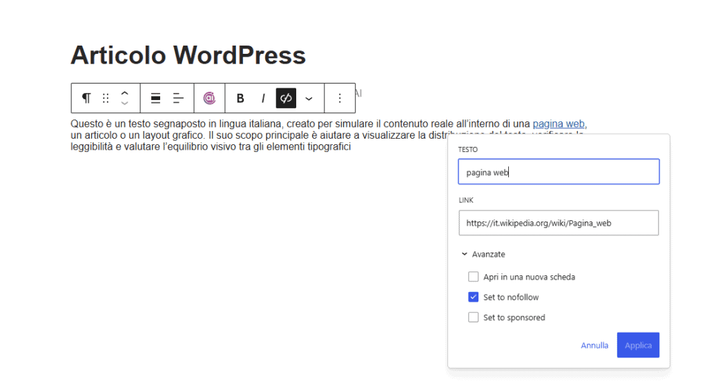 Impostazioni Link Gutenberg Rank Math