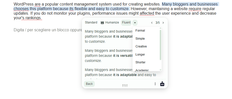 Quillbot WordPress Suggerimenti Stile