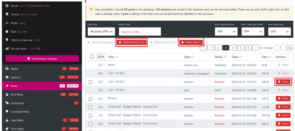 Revisioni Articoli Cestinati Pulizia Database Codingbunny Database Cleaner