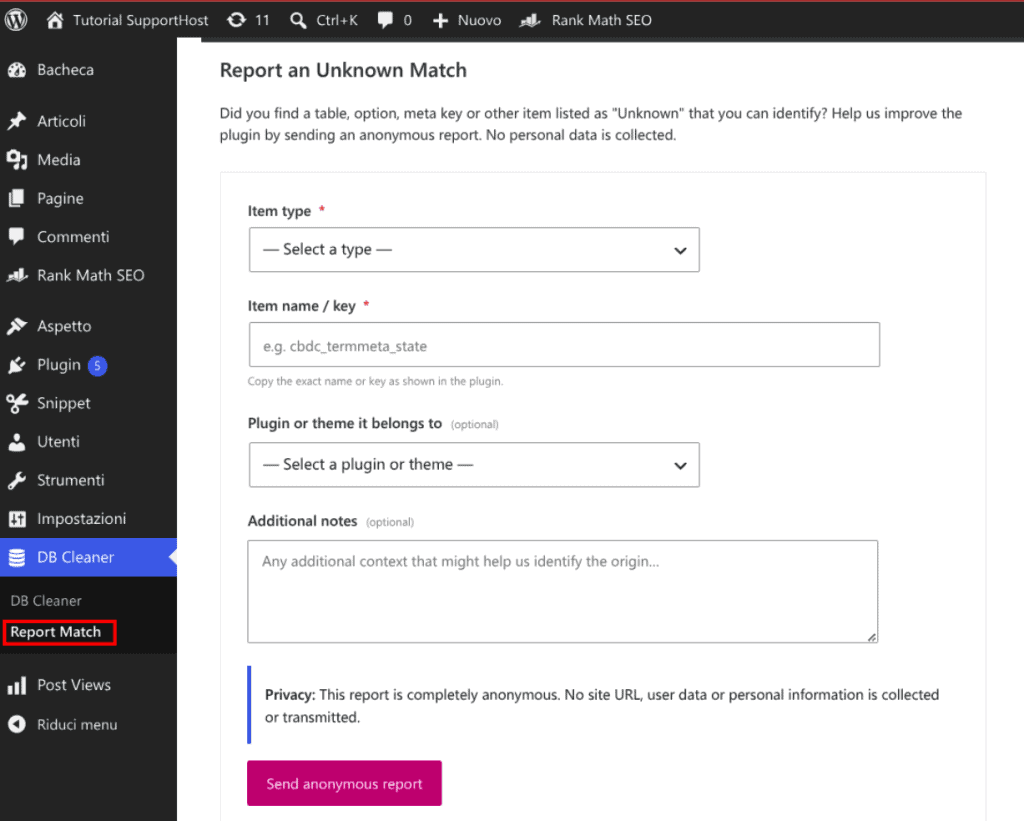 Segnalazioni Codingbunny Database Cleaner