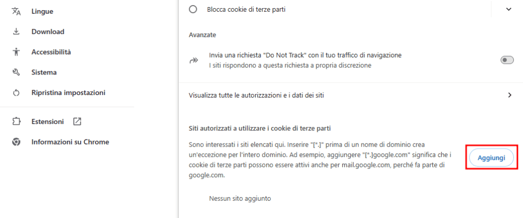 Siti Autorizzati Cookie Chrome