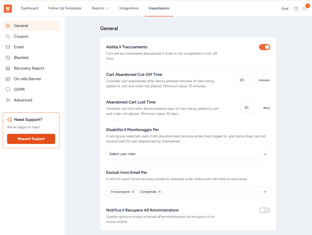 Impostazioni Plugin Cart Abandonment Recovery
