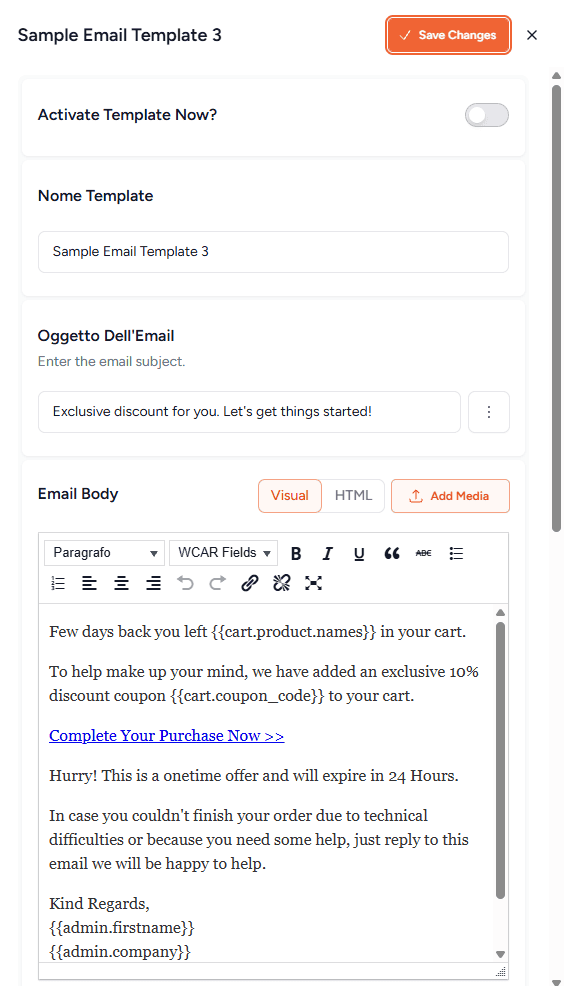 Modifica Template Email Cart Abandonment Recovery