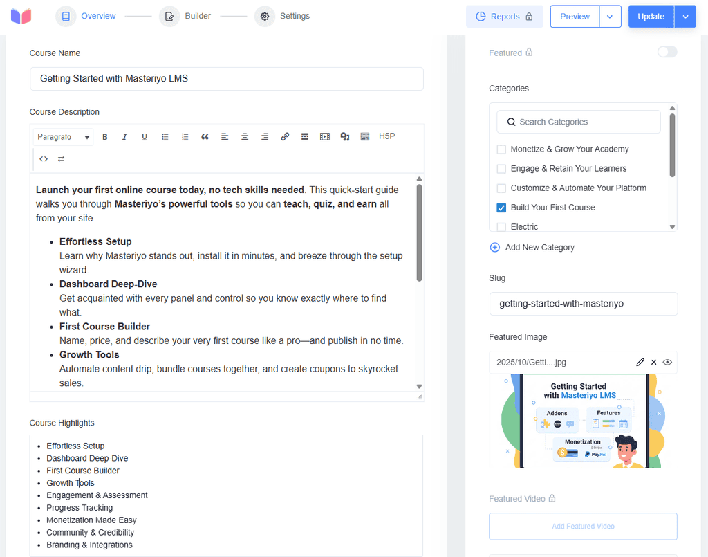 Masteriyo Lms Pagina Corso Builder