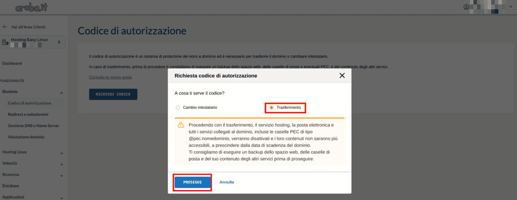 Richiesta Codice Autorizzazione Aruba Step2