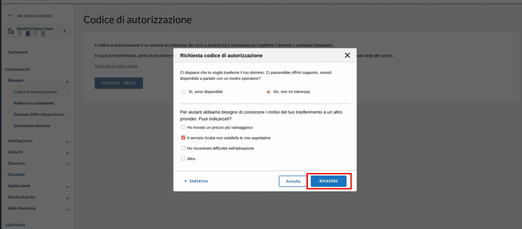 Richiesta Codice Autorizzazione Aruba Step3