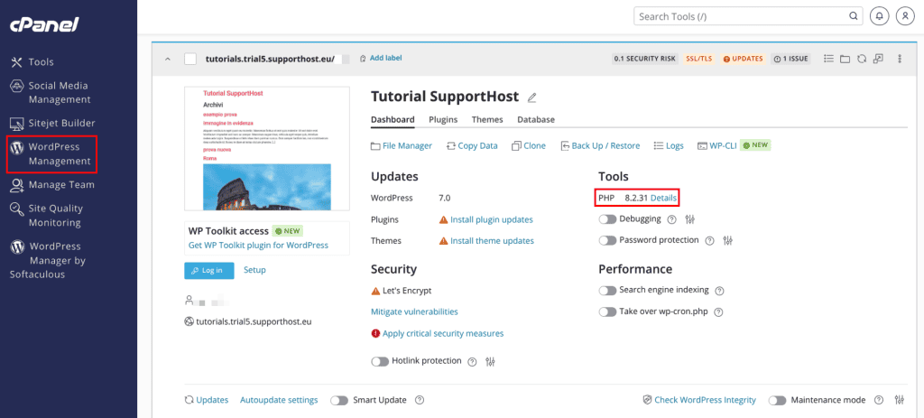 Verifica Versione Php WordPress Management Cpanel