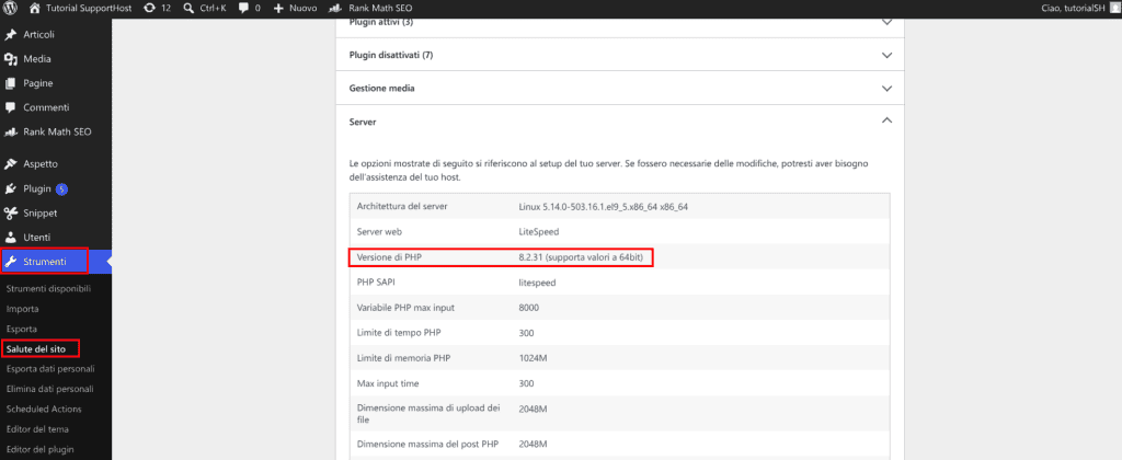 Verifica Versione Php WordPress Salute Sito