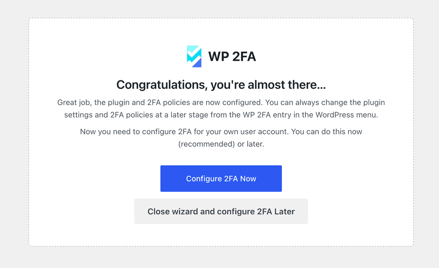 Wp 2fa Wizard Completato