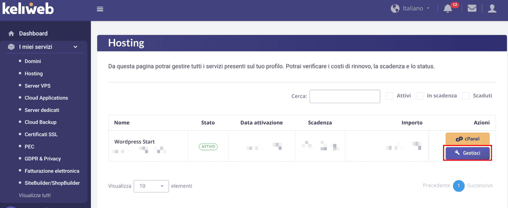 Keliweb Hosting Gestisci
