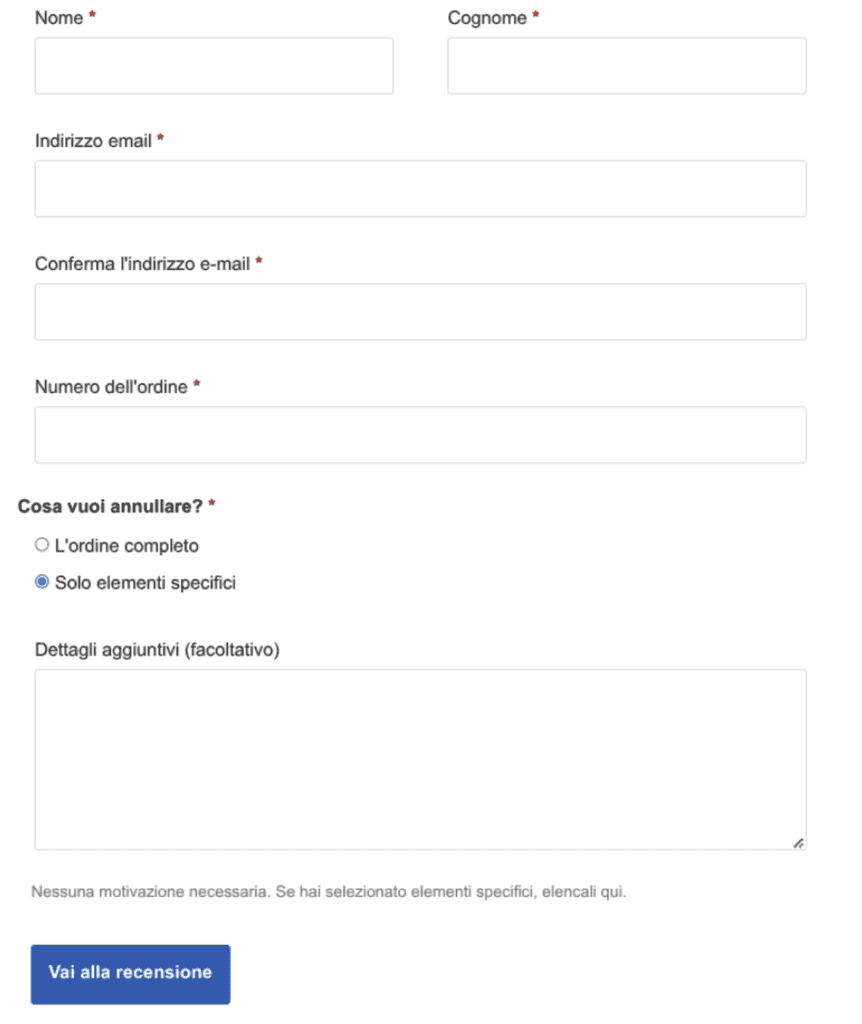 Modulo Richiesta Recesso Integrato Woocommerce