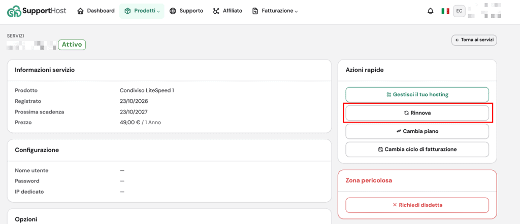Rinnovare Servizio Hosting Supporthost