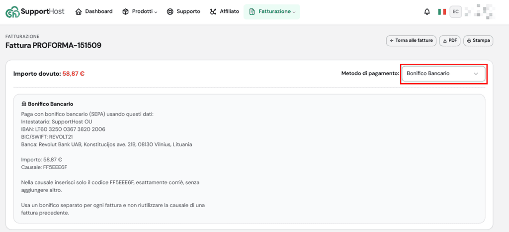 Supporthost Portal Pagamento Fattura Bonifico
