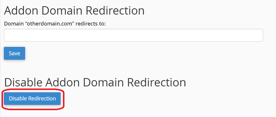 Disable Redirection Addon Domain