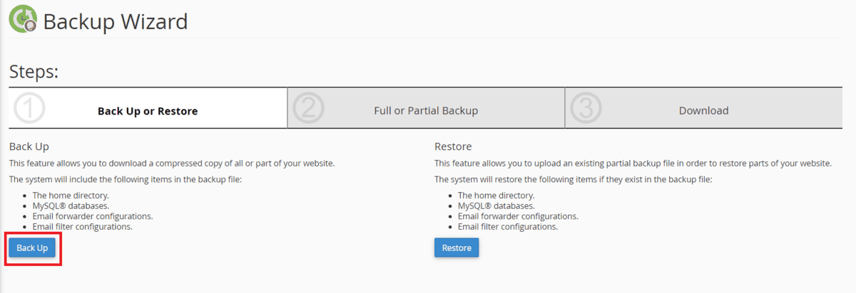 cPanel Backup Wizard - SupportHost
