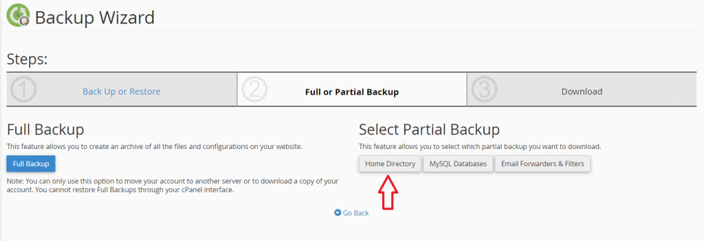 Select Partial Backup Home Directory