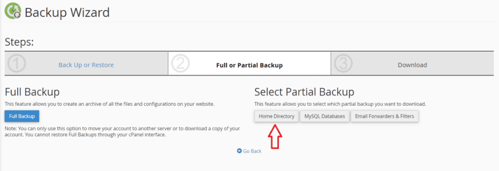 Select Partial Backup Home Directory