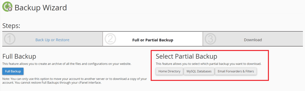 cPanel Backup Wizard - SupportHost