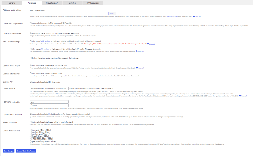 Wordpress Image Optimizer Shortpixel Advanced Settings