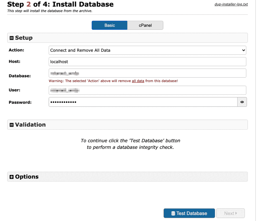 Duplicator Test Database Connection