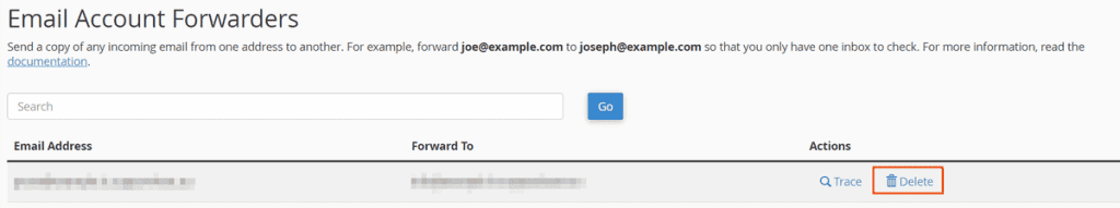 Email Account Forwarders Delete
