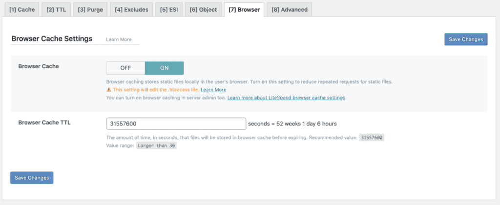 Litespeed Cache Browser Settings