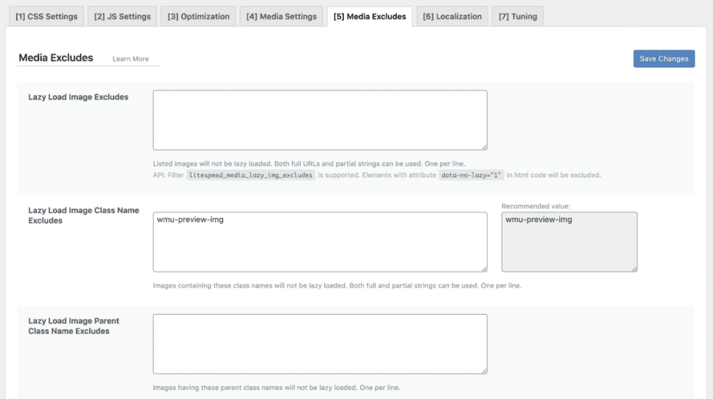 Litespeed Cache Media Excludes