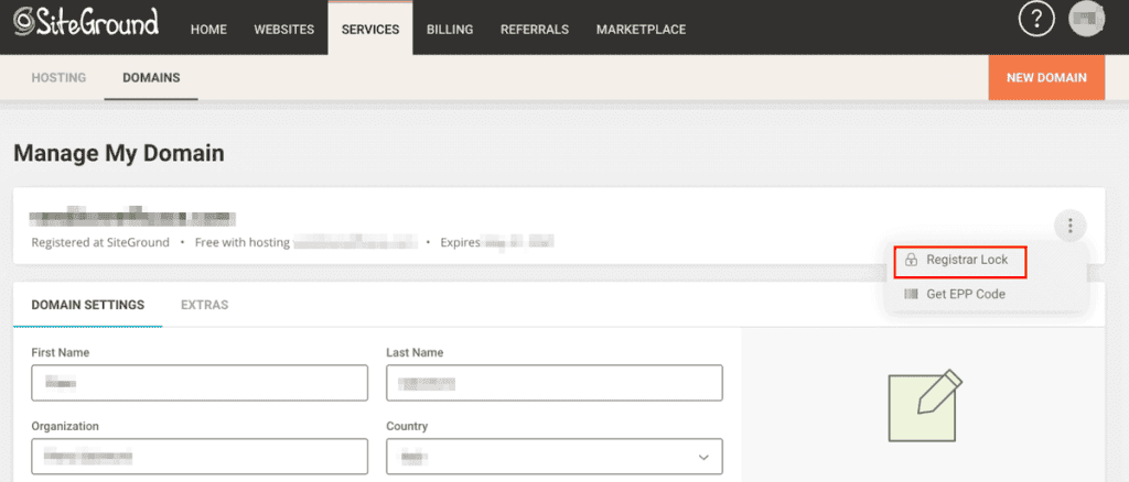 Registrar Lock Siteground