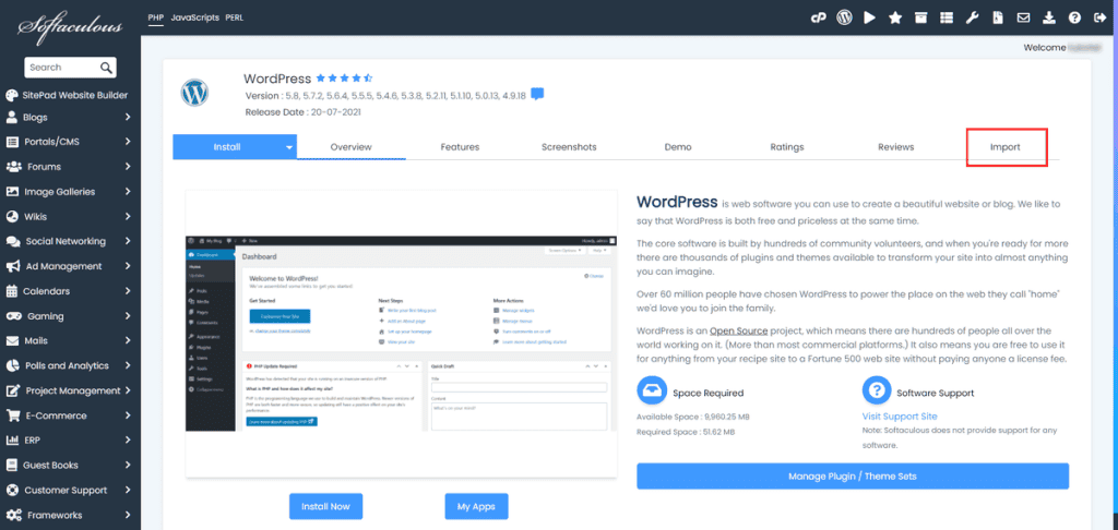 Staging Site Import WordPress Installation