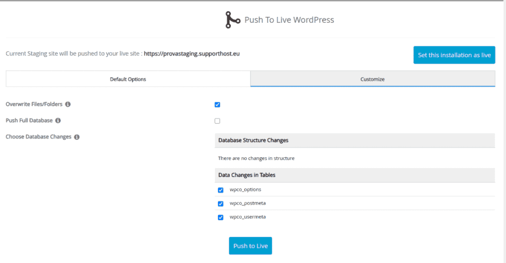 Staging Site Push To Live Settings