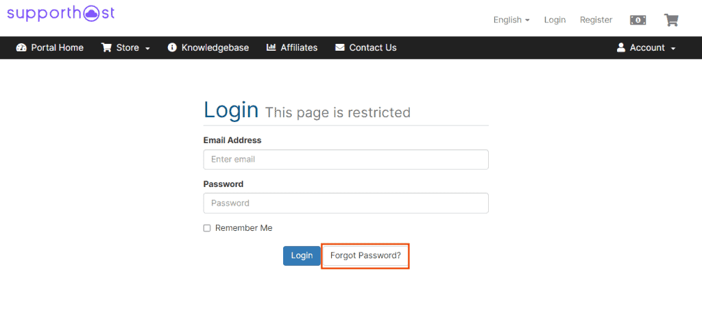 Client Area Forgot Password