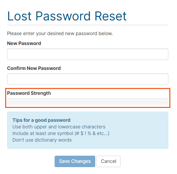 Client Area Password Reset Password Strength