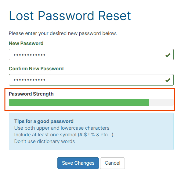 Lost Password Reset Password Strength Green