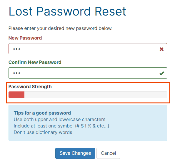 Lost Password Reset Password Strength Red