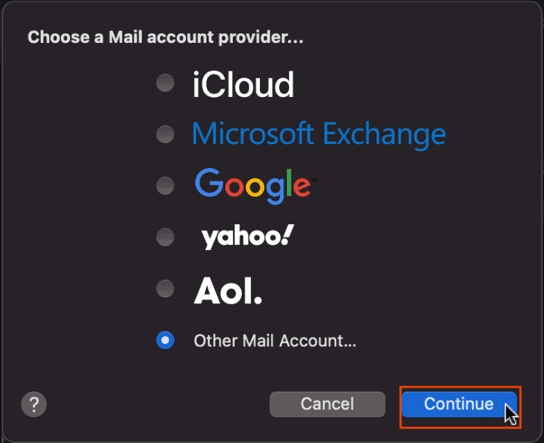 Mac Mail Other Mail Account Continue