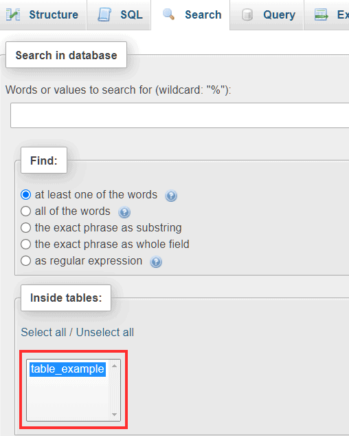 Phpmyadmin Search In Tables