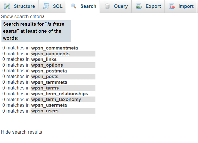 Phpmyadmin Search No Results
