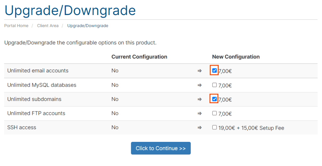 Upgrade Downgrade Choose Options