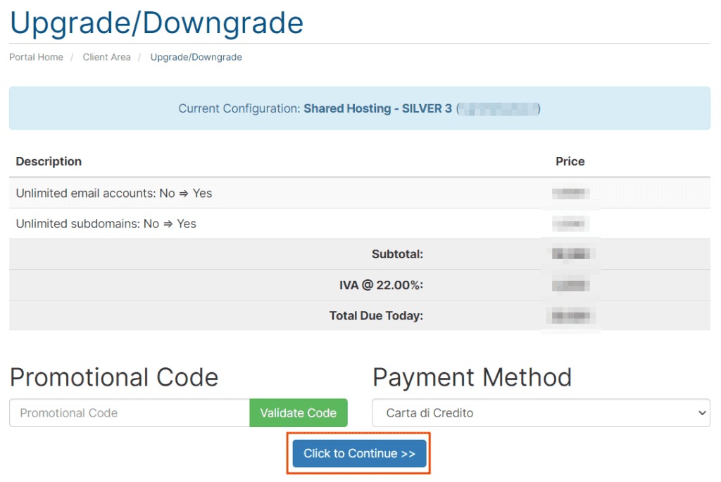 Upgrade Downgrade Options Summary Payment Method