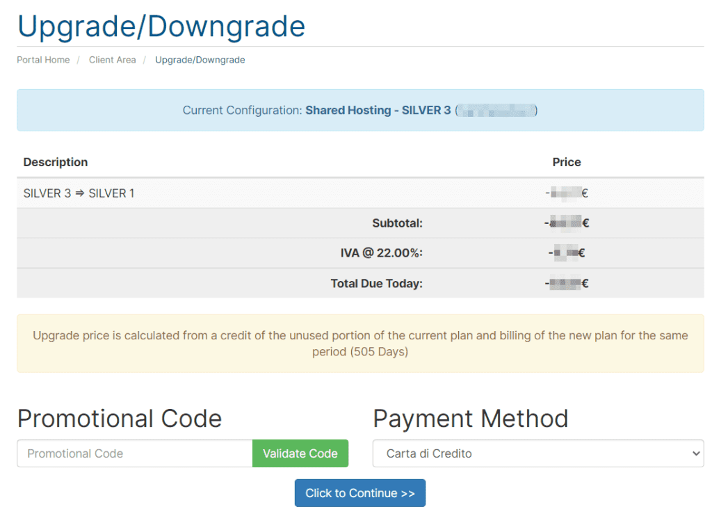 Upgrade Downgrade Summary Payment Method