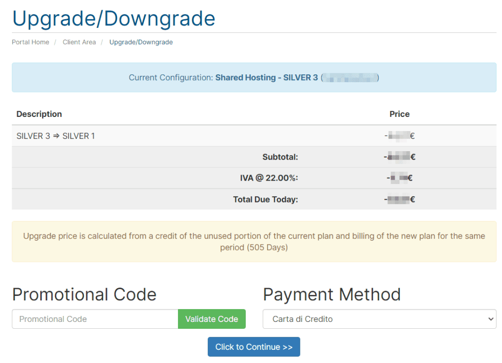 Upgrade Downgrade Summary Payment Method