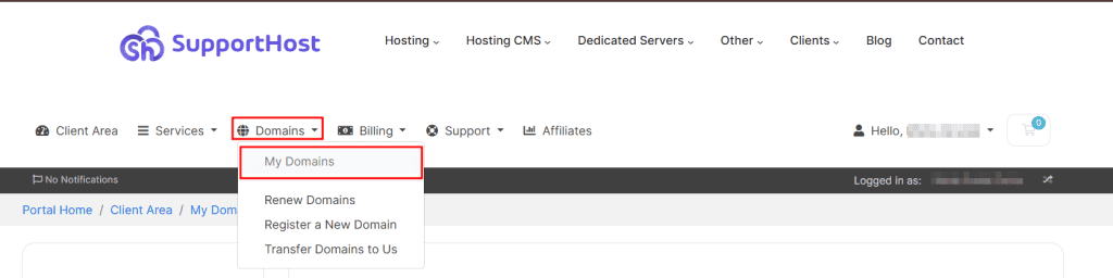 Client Area Supporthost Domains My Domains